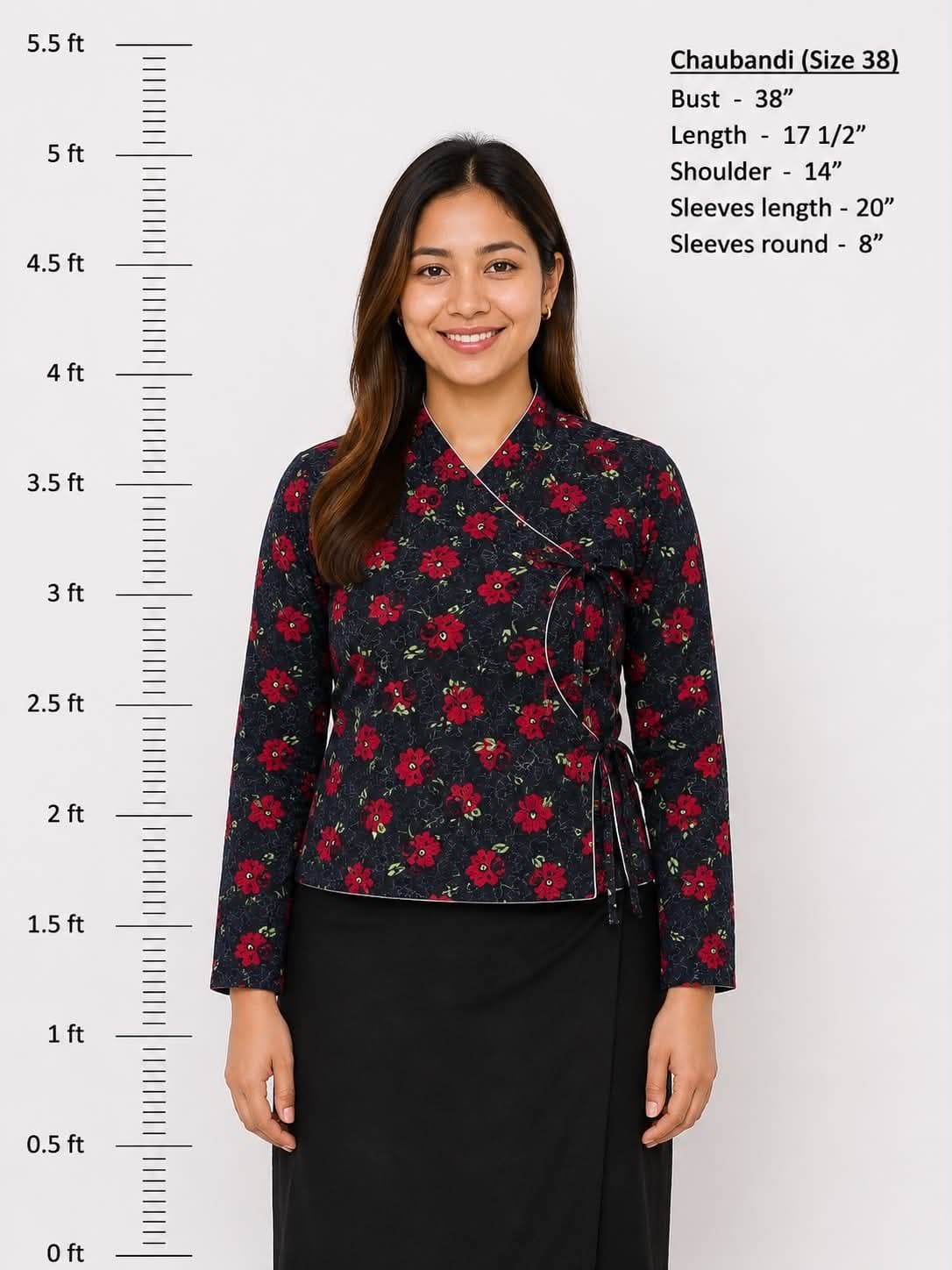 Women's Traditional Nepali Black Floral Chaubandi Blouse – Size 38 | Handmade Ethnic Wrap Top | Cultural & Festival Wear
