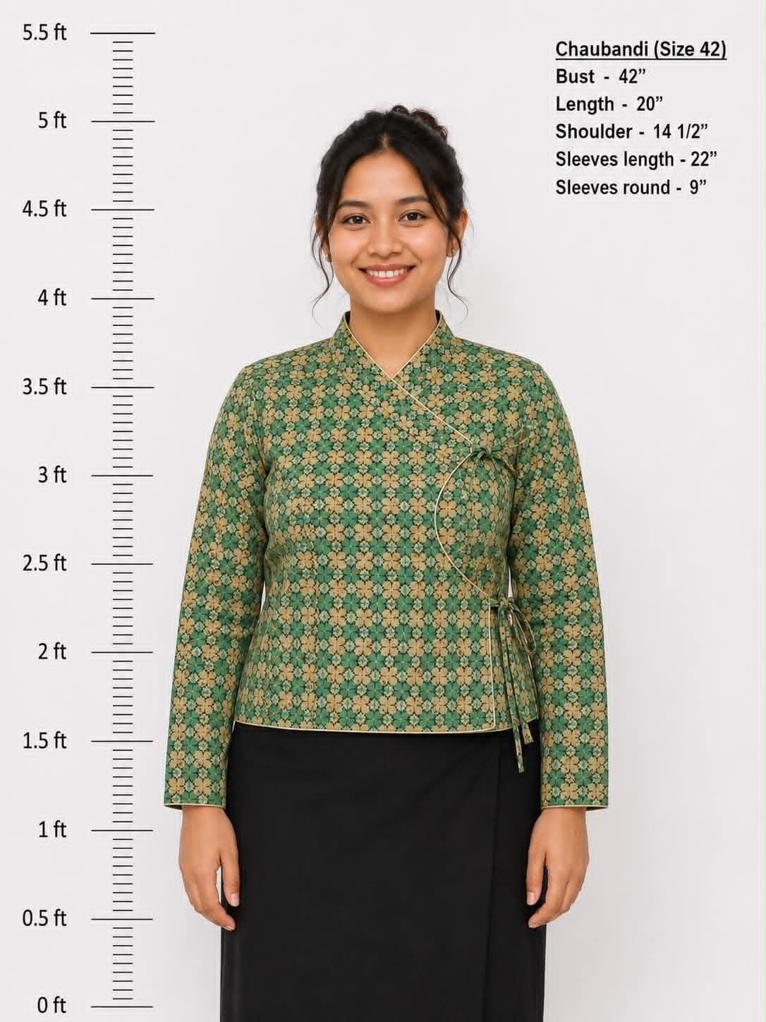 Women's Traditional Nepali Green Floral Chaubandi Blouse – Size 42 | Handmade Ethnic Wrap Top | Cultural & Festival Wear
