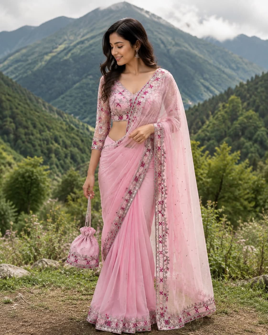 Blush Pink Saree with Potli Bag