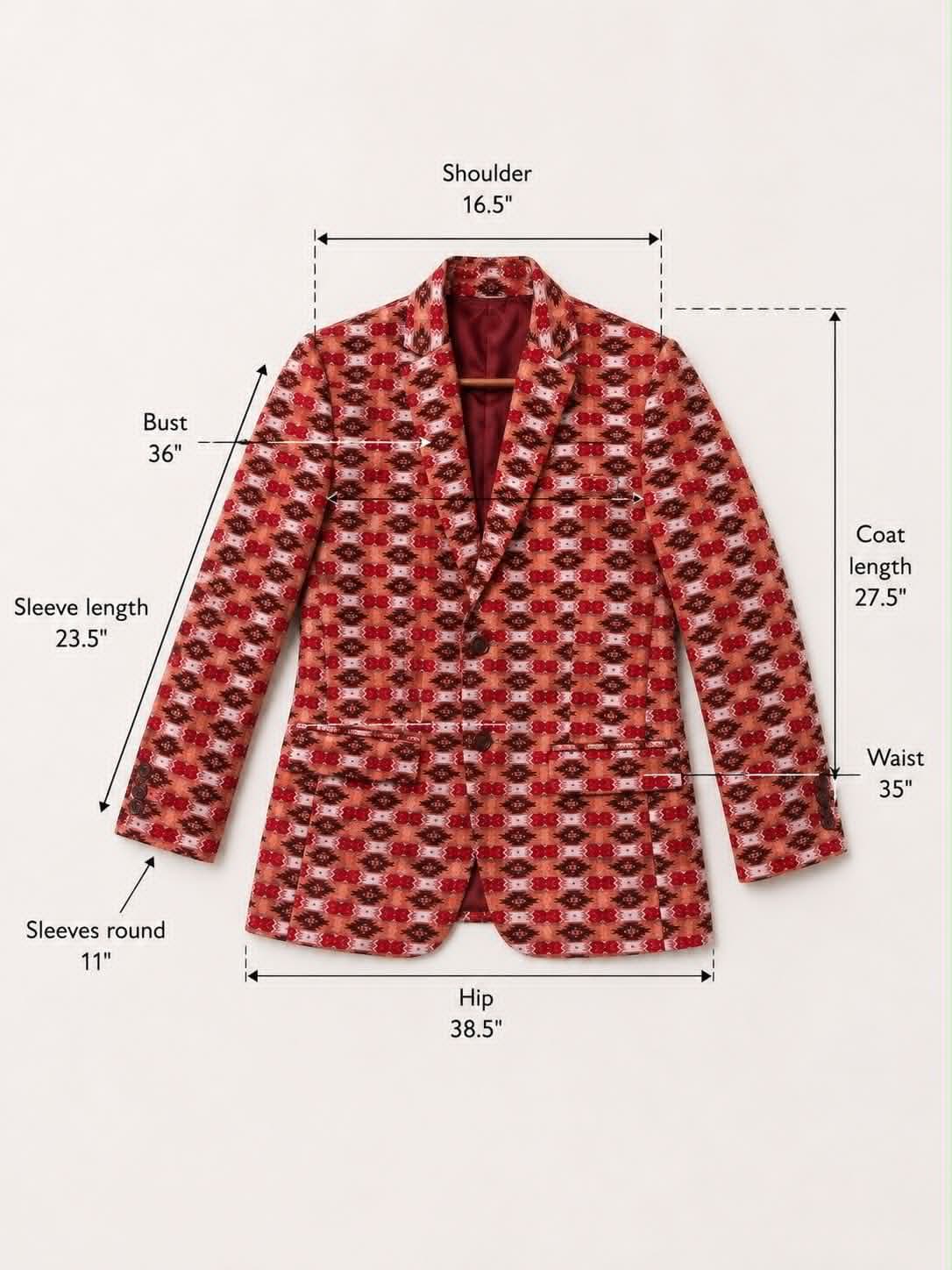 Handmade Nepali Dhaka Blazer – Men's Traditional Ethnic Jacket | Red Pattern Formal Coat | Size 36