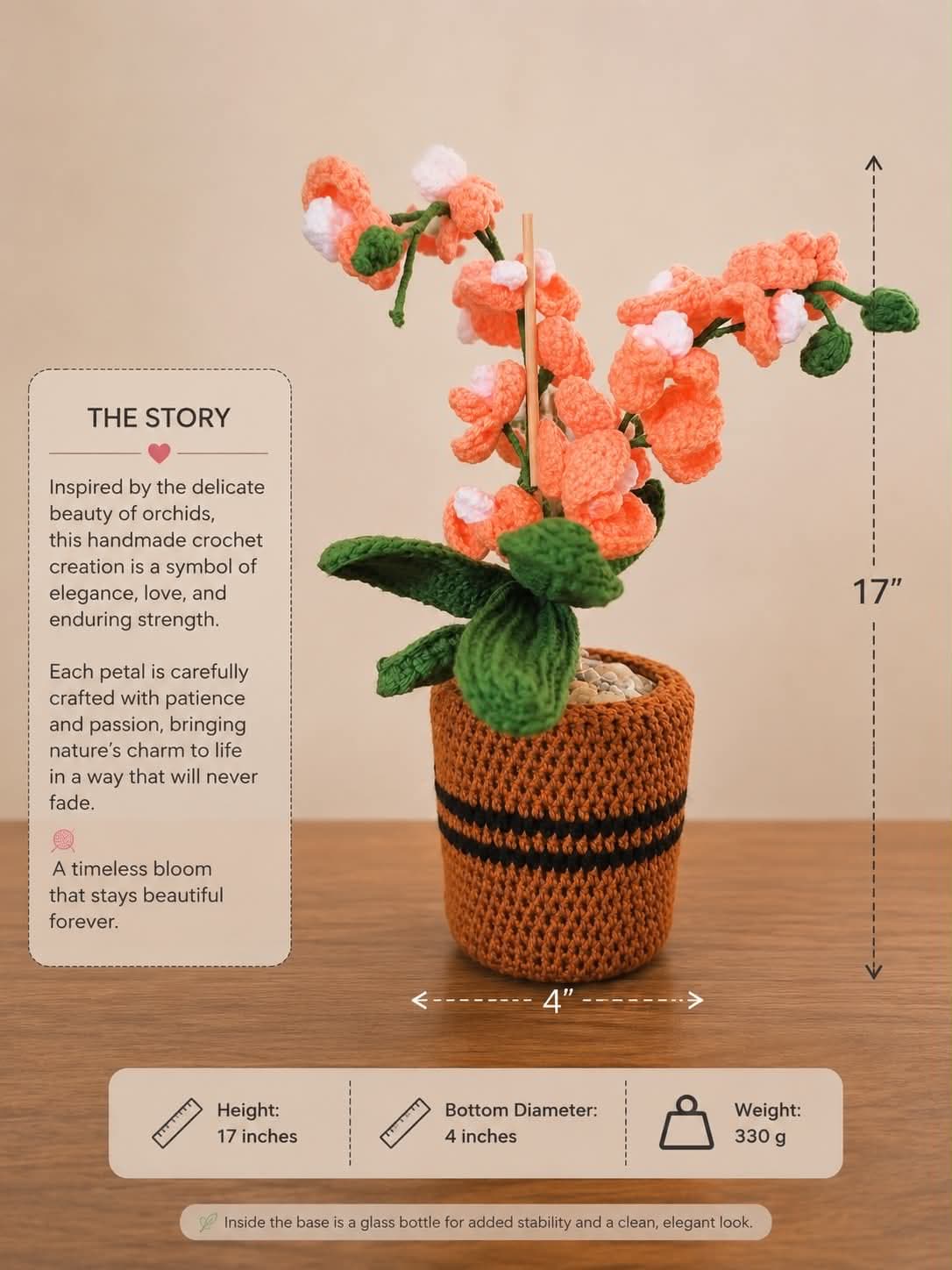 Handmade Crochet Orange Orchid in Patterned Pot