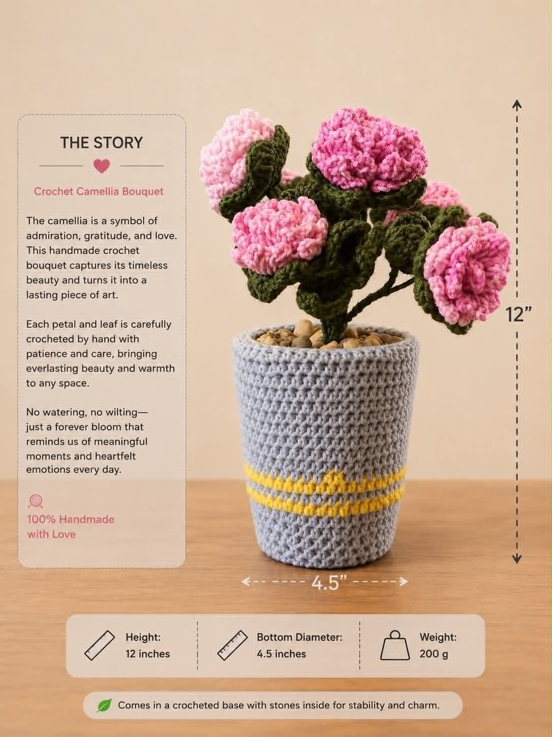 Handmade Crochet Camellia Bouquet in Pot
