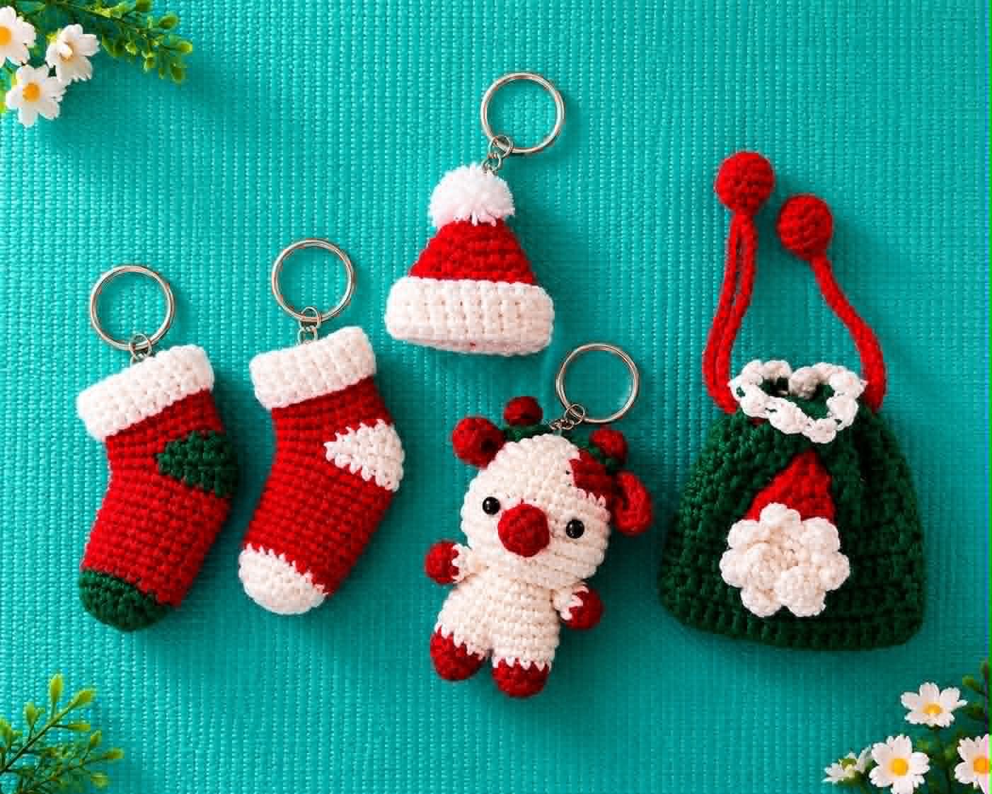 Handmade Crochet Christmas Keychain & Gift Pouch Set