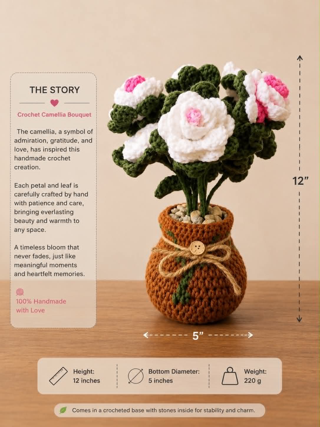 Crochet Camellia Bouquet in Rustic Vase