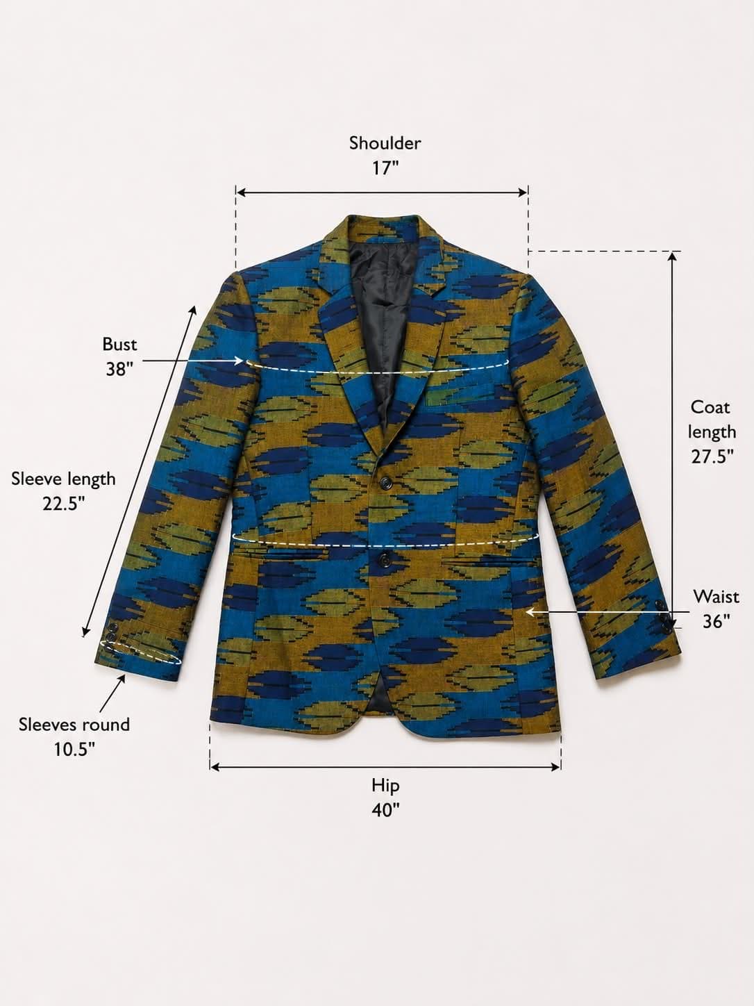 Handmade Nepali Dhaka Blazer – Men's Traditional Ethnic Jacket | Blue & Gold Pattern | Size 38