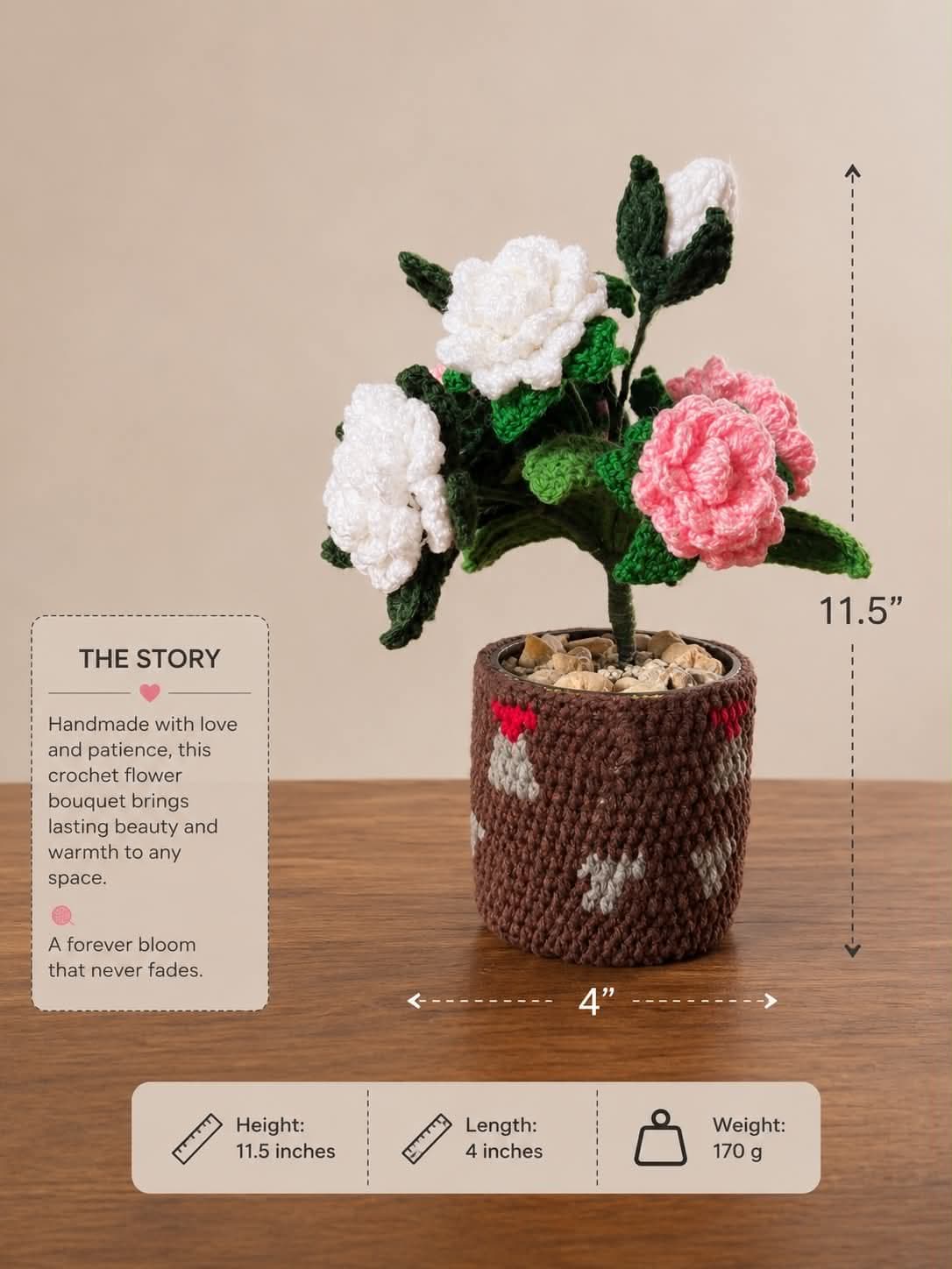 Handmade Crochet Rose Bouquet in Patterned Pot