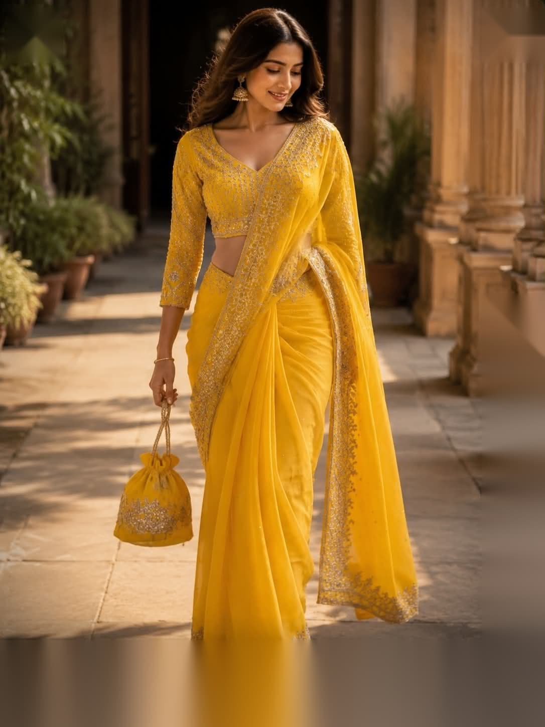 Yellow Embroidered Net Saree with Potli Bag